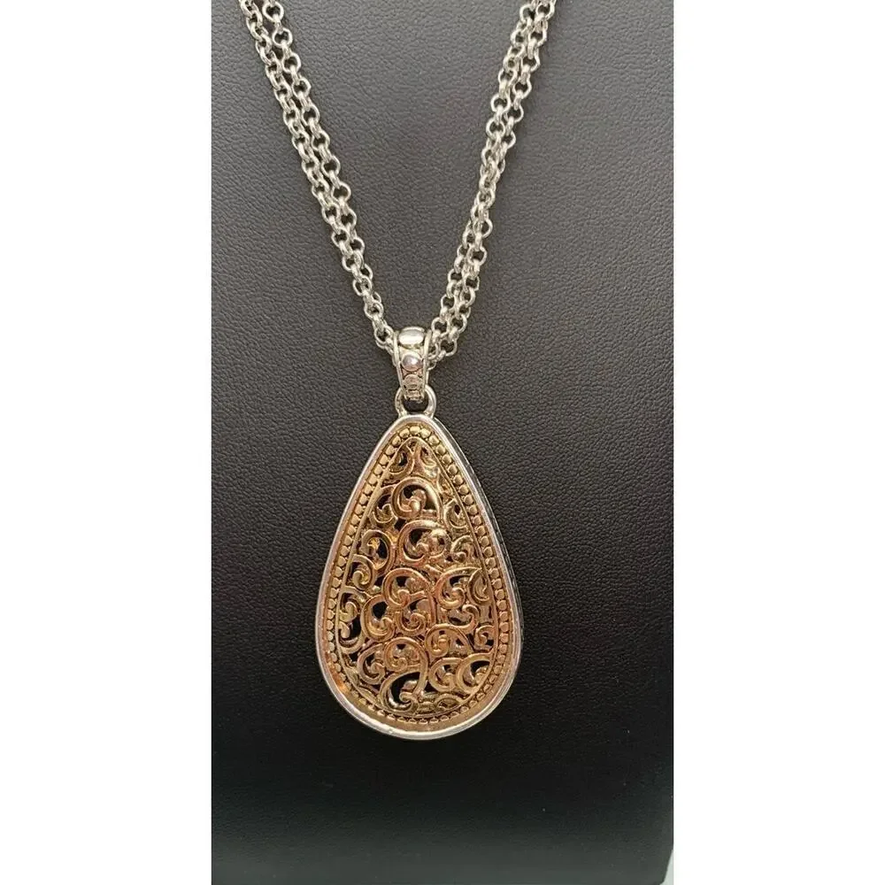 Silver Tone Double Chain‎ Tear Drop Reversible To Gold Tone Pendant Necklace